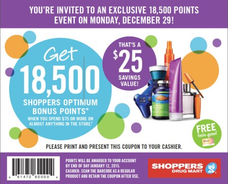 Shoppers Drug Mart Spend $75+ and Get 18,500 Bonus Points (Dec 29)