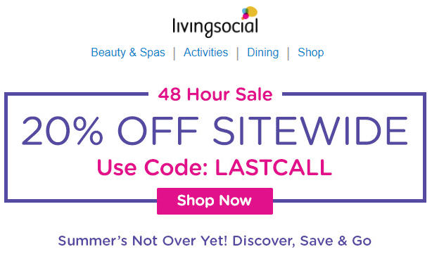 LivingSocial.com: 48 Hour Sale – Extra 20% Off Sitewide Promo Code (Aug 9-10)